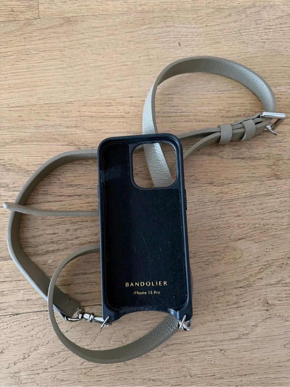 Bandolier Taupe Leather Crossbody Phone Case with Black Trim iPhone 15 pro